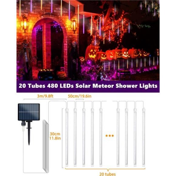 Solar Halloween Lights 20 Tubes 480 LED Meteor Shower Icicle Raindrop Lights - Picture 2 of 7